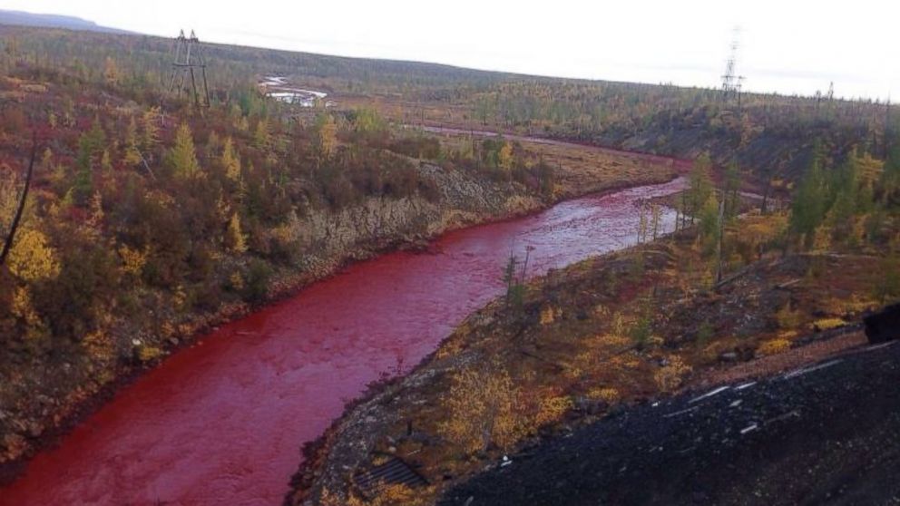Photos posted by local residents on social media appear to show the Daldykan river close to Norilsk has turned blood red.