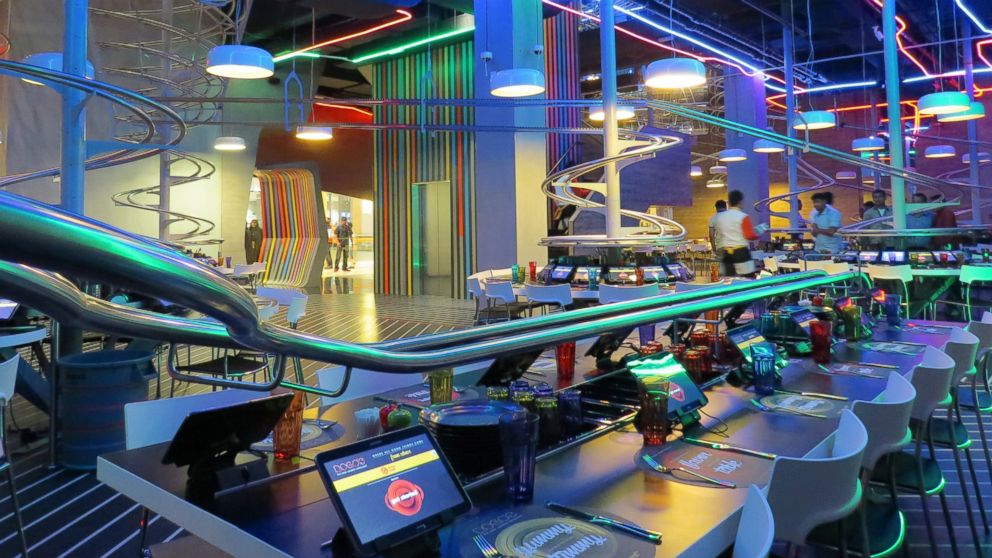 A new roller coaster restaurant called ROGO's has opened at the Yas Mall in Abu Dhabi, United Arab Emirates.
