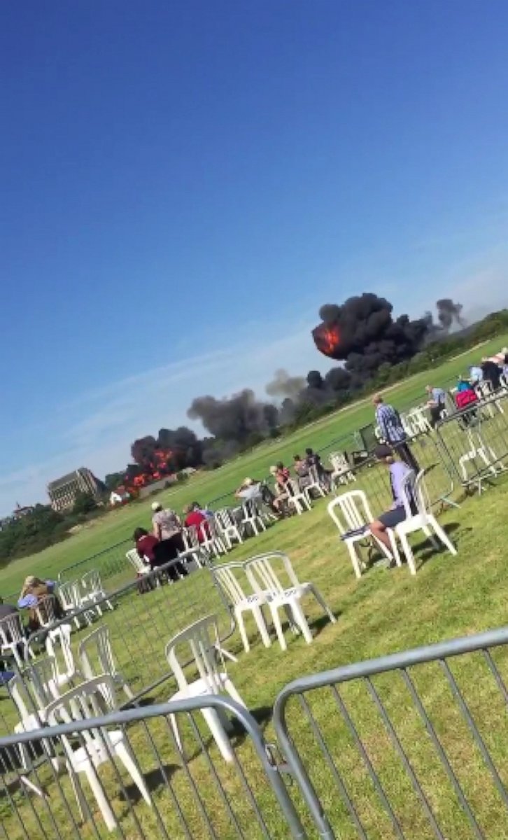 PHOTO: @1pianokid posted video to Twitter on Aug. 22, 2015 with the caption, "Unfortunate crash at Shoreham Airport. A #Hawker #Hunter jet fatally crashed at air display #Shoreham #airport #crash."