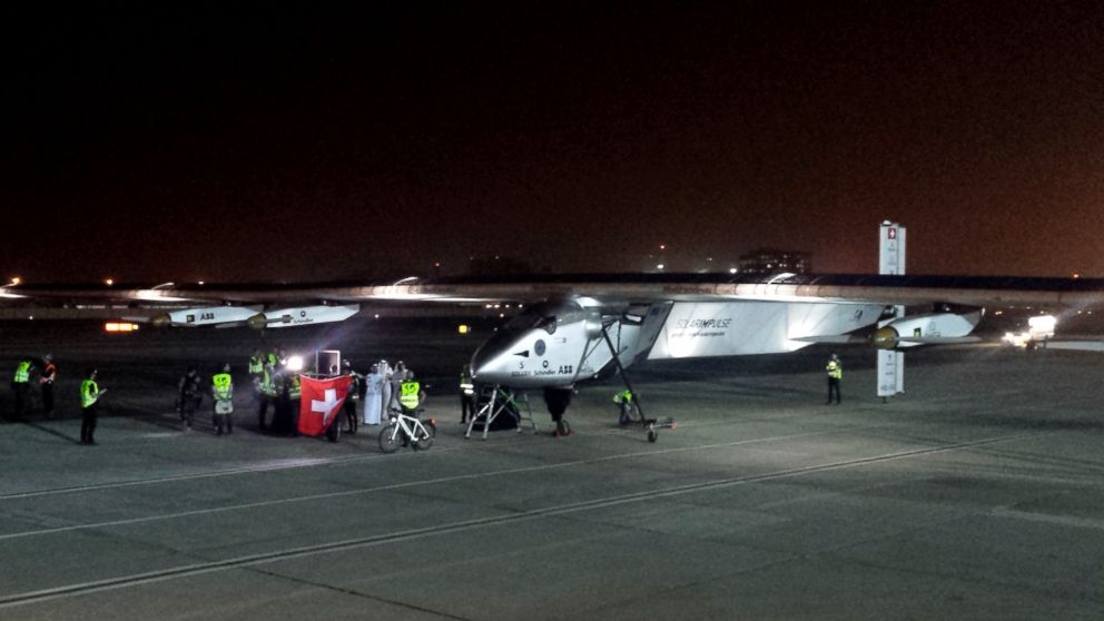 PHOTO: The Solar Impulse 2 prepares to depart at an airport in Abu Dhabi, United Arab Emirates