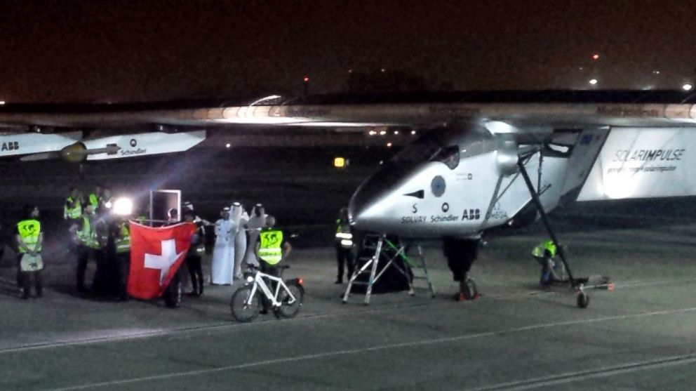 PHOTO: The Solar Impulse 2 prepares to depart at an airport in Abu Dhabi, United Arab Emirates