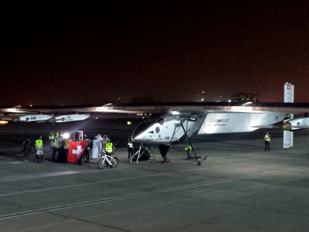 PHOTO: The Solar Impulse 2 prepares to depart at an airport in Abu Dhabi, United Arab Emirates