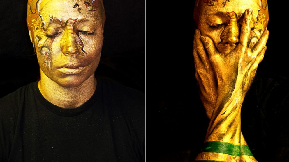 London Artist Emma Allen transformed herself into the World Cup trophy.