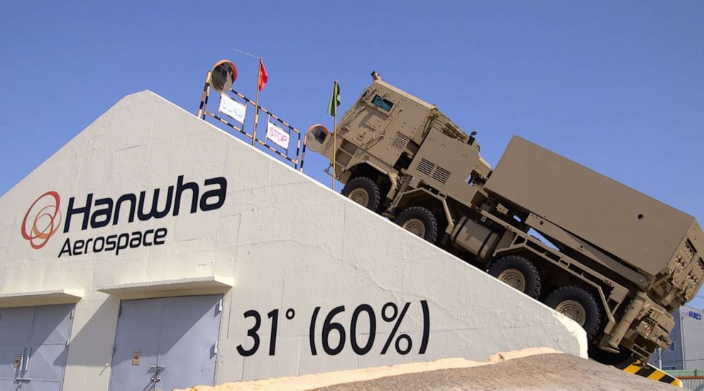 PHOTO: Hanwha Aerospace's Multiple Rocket Launcher Chunmoo runs for a test drive, March 16, 2023, in Changwon, South Korea.