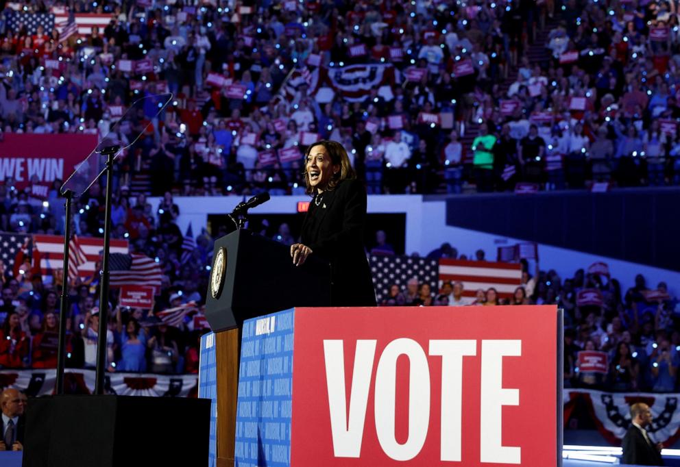 PHOTO: Democratic presidential nominee and Vice President Kamala Harris speaks at a campaign rally in Madison, Wisconsin, on Oct. 30, 2024.