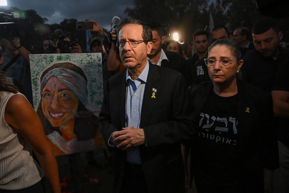 PHOTO: Israeli President Isaac Herzog and his wife attend a memorial ceremony at the site of the Nova Festival in Re'im, Israel, on Oct. 7, 2024 to mark the first anniversary of Hamas' 2023 attack.