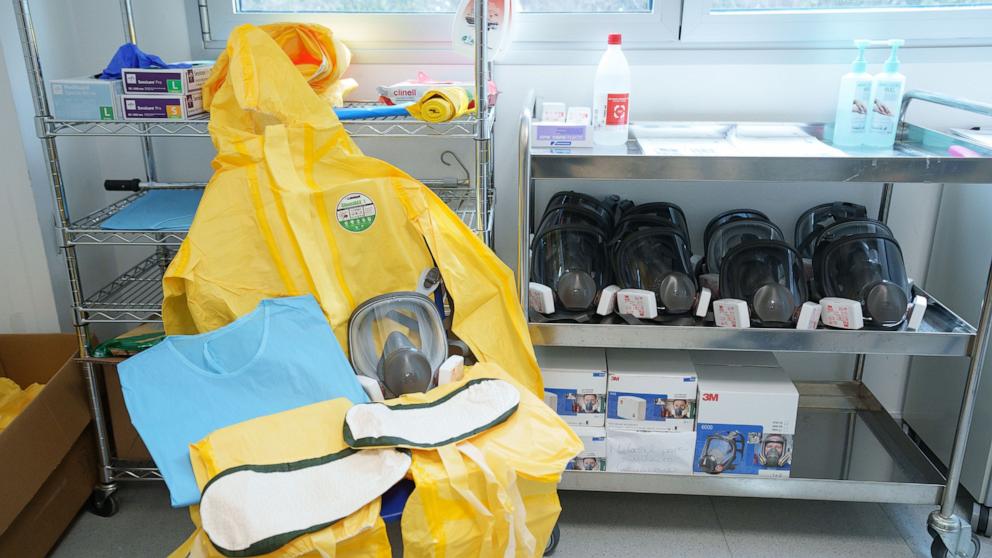 PHOTO: View of a biohazard suit for staff of High-Level Isolation Unit of La Candelaria University Hospital in the city of Santa Cruz de Tenerife, in Tenerife, Canary Islands, southwestern Spain, May 8, 2026. 