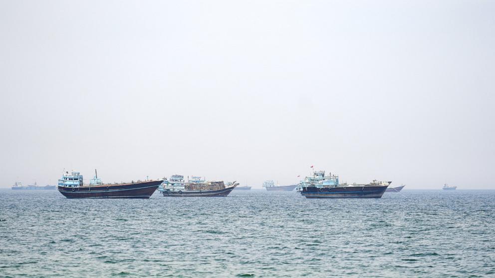 PHOTO: Ships and boats in the Strait of Hormuz off Musandam, Oman, on April 29, 2026.