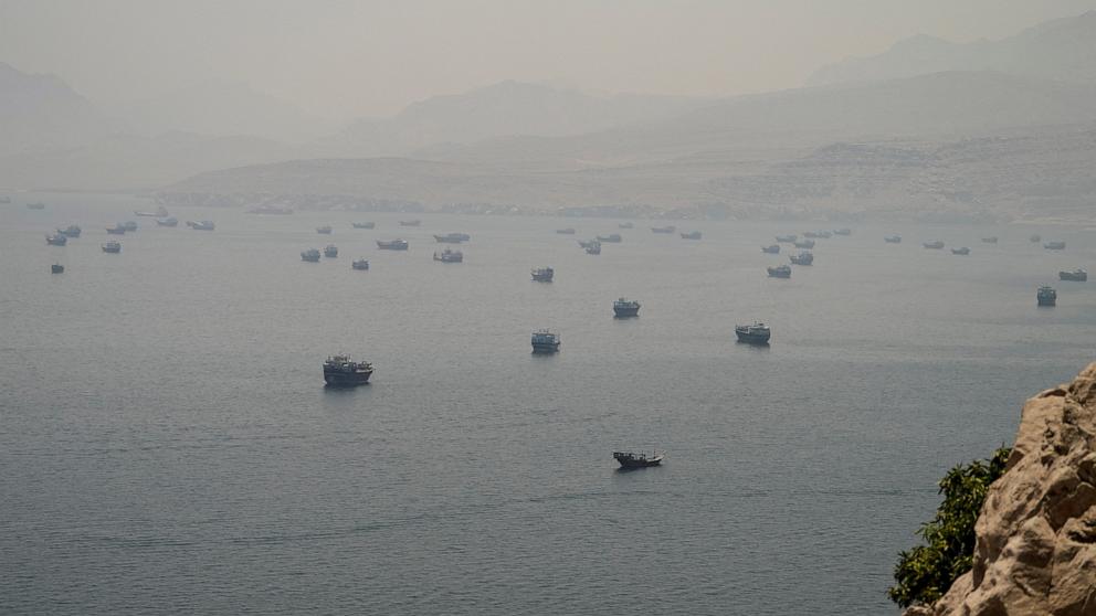 PHOTO: Vessels are anchored in the Strait of Hormuz, as seen from Musandam, Oman, on June 11, 2026.