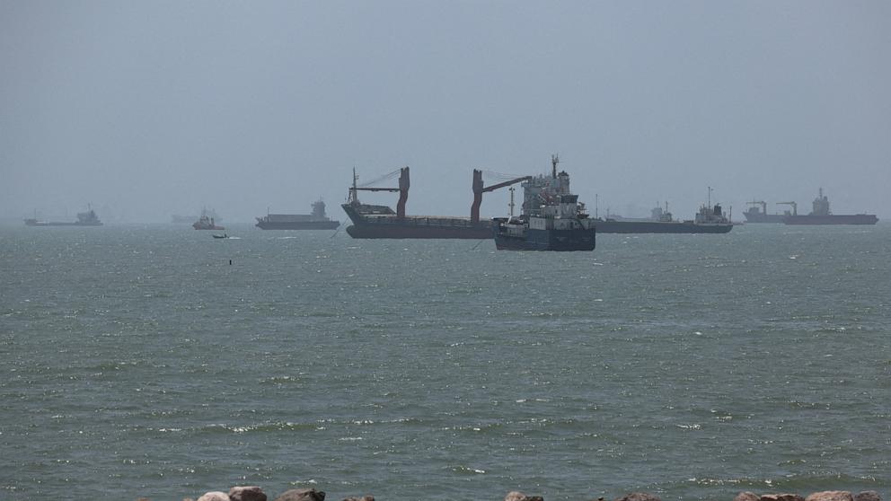 PHOTO: Vessels in the Strait of Hormuz are visible near the beach of Bandar Abbas, Iran, on Aug. 26, 2026.
