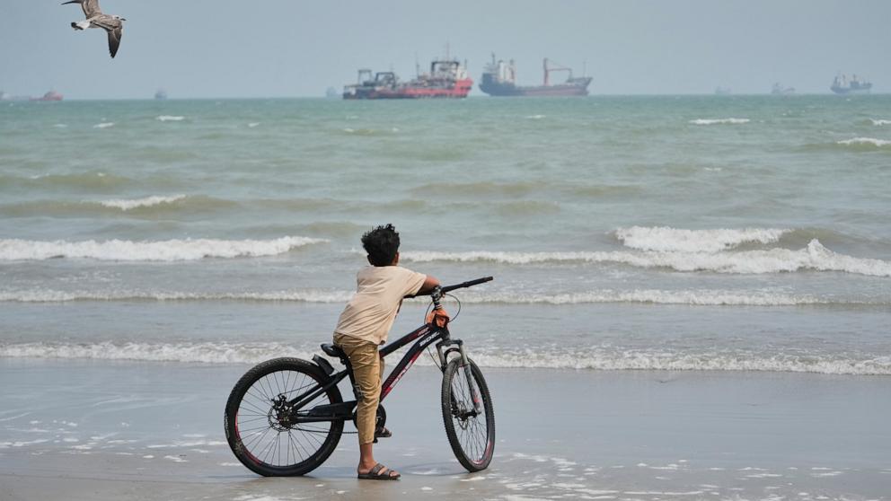 PHOTO: A gull flies overhead as a boy stands with his bicycle on a beach overlooking commercial vessels anchored in the Strait of Hormuz off Bandar Abbas, Iran, on Sept. 7, 2026.