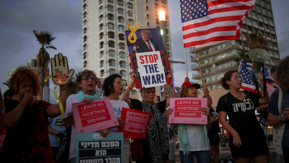PHOTO: Hostage families protest for the implementation of a U.S. plan to end the war in Gaza and release all hostages, near the U.S. consulate in Tel Aviv on Sept. September 29, 2025.
