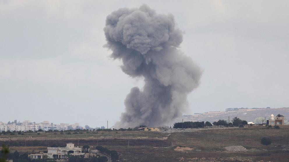 PHOTO: Smoke billows from southern Lebanon following an Israeli strike, as seen from Marjayoun, Lebanon, on June 14, 2026.