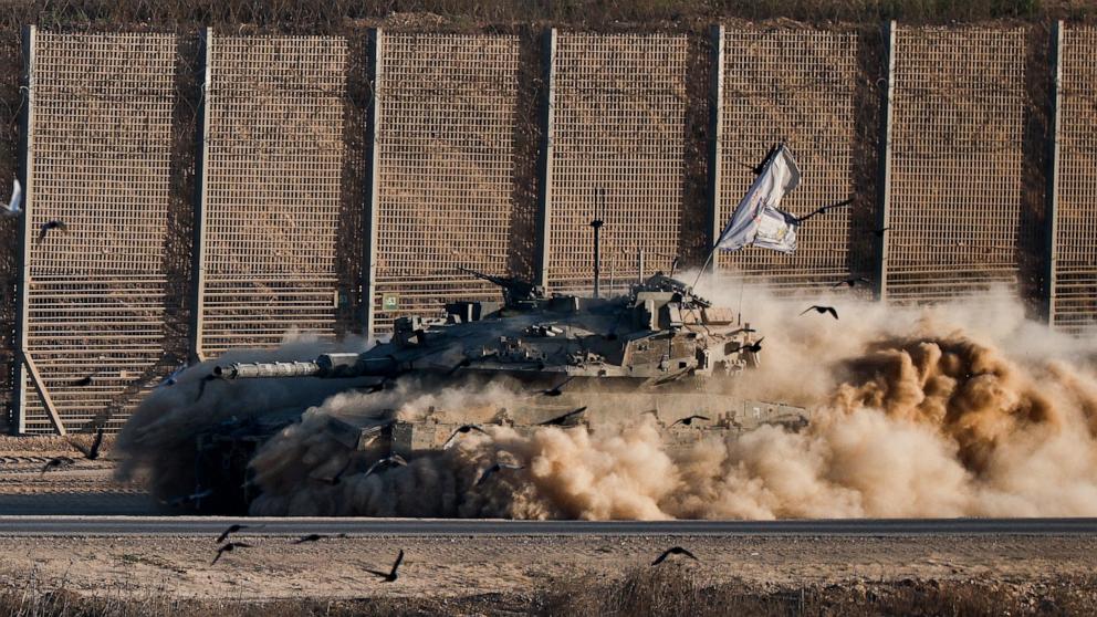 PHOTO: An Israeli tank manoeuvres on the Israeli side of the border with Gaza on Sept. 17, 2025.