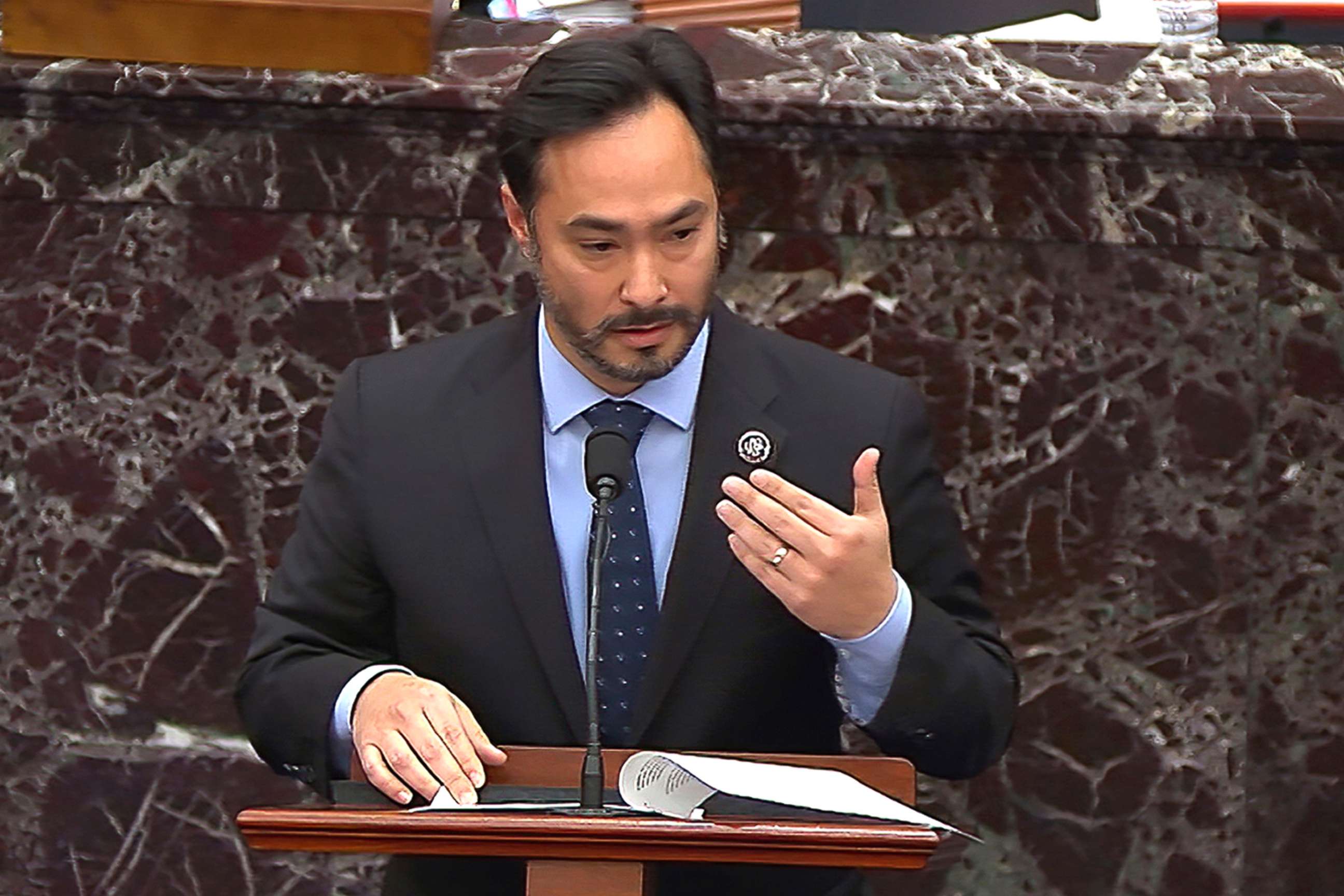 PHOTO: In this image from video, House impeachment manager Rep. Joaquin Castro, D-Texas, answers a question from a senator during the second impeachment trial of former President Donald Trump in the Senate at the Capitol, Feb. 12, 2021.