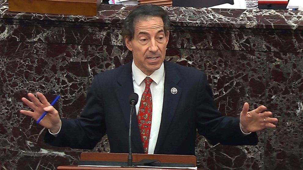 PHOTO: In this image from video, House impeachment manager Rep. Jamie Raskin answers a question from Sen. Raphael Warnock, D-Ga., during the second impeachment trial of former President Donald Trump in the Senate at the Capitol, Feb. 12, 2021.
