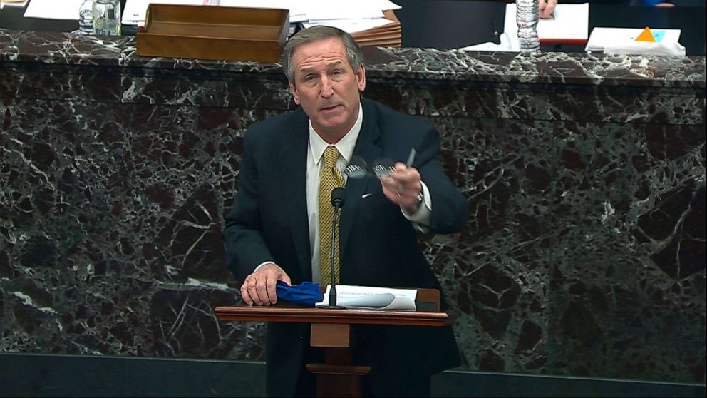 PHOTO: In this image from video, Michael van der Veen, an attorney for former President Donald Trump, answers a question during the second impeachment trial of former President Donald Trump in the Senate at the Capitol, Feb. 12, 2021. 