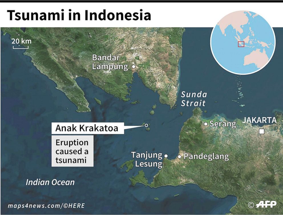 PHOTO: Map locating the Anak Krakatoa volcano and the zone hit by a tsunami in Indonesia. 