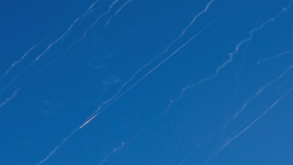 PHOTO: Missiles launched from Iran toward Israel are seen from Hebron, in the Israeli-occupied West Bank, on June 22, 2025.