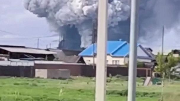 Smoke rises above the area following what local authorities called a drone attack on a military unit in the Sredny settlement, in the Usolsky district of the Irkutsk region, Russia, in this still image from a video published June 1, 2025.