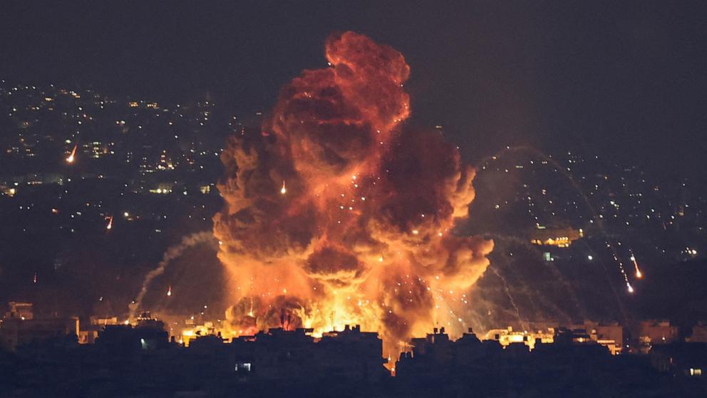 PHOTO: Smoke and flames rise in Beirut's southern suburbs, after Israeli air strikes, amid ongoing hostilities between Hezbollah and Israeli forces, as seen from Sin El Fil, Lebanon, Oct. 6, 2024.