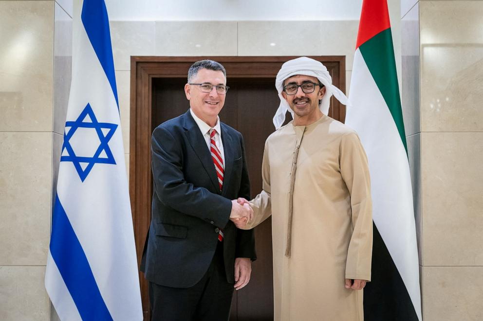 PHOTO: United Arab Emirates Foreign Minister Abdullah bin Zayed Al Nahyan shakes hands with Israel's Foreign Minister Gideon Saar during a meeting in Abu Dhabi, UAE, on Jan. 7, 2025.