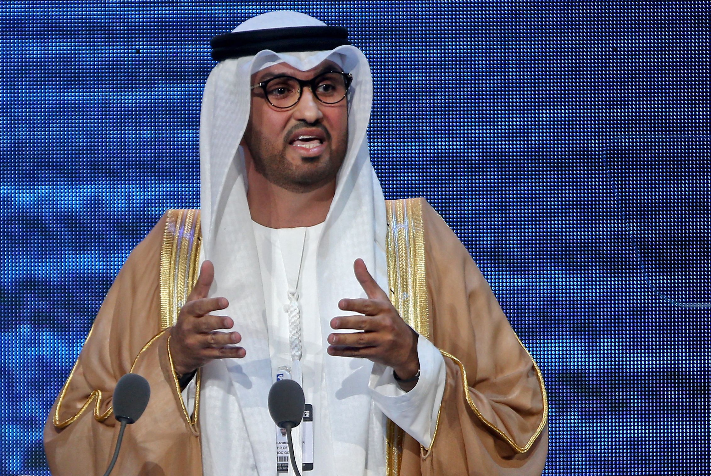 PHOTO: The United Arab Emirates' minister of state and CEO of the Abu Dhabi National Oil Company (ADNOC), Sultan Ahmed al-Jaber, addresses the opening ceremony of the Abu Dhabi International Petroleum Exhibition and Conference (ADIPEC), Nov. 11, 2019.