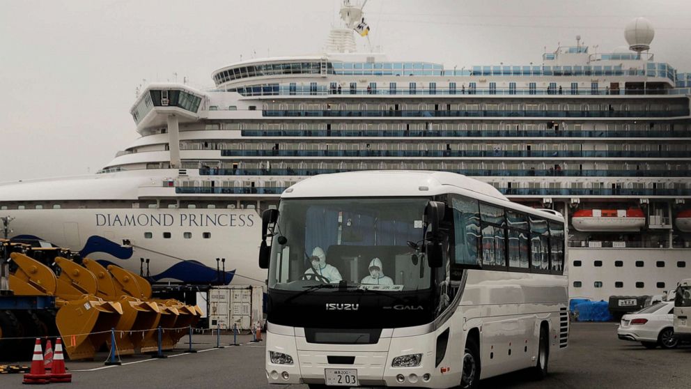 PHOTO: A bus leaves a port where the quarantined Diamond Princess cruise ship is docked Saturday, Feb. 15, 2020, in Yokohama, near Tokyo. 
