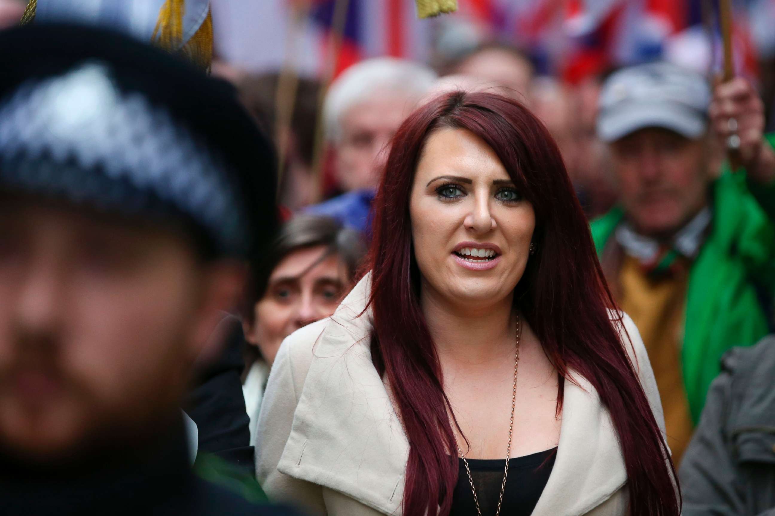 PHOTO: Jayda Fransen, acting leader of the far-right organisation Britain First marches in central London on April 1, 2017.
