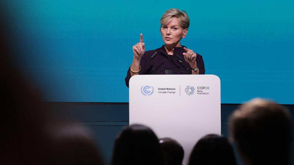 PHOTO: U.S. Secretary of Energy Jennifer Granholm speaks to the media on day five at the UNFCCC COP29 Climate Conference on Nov. 15, 2024 in Baku, Azerbaijan.