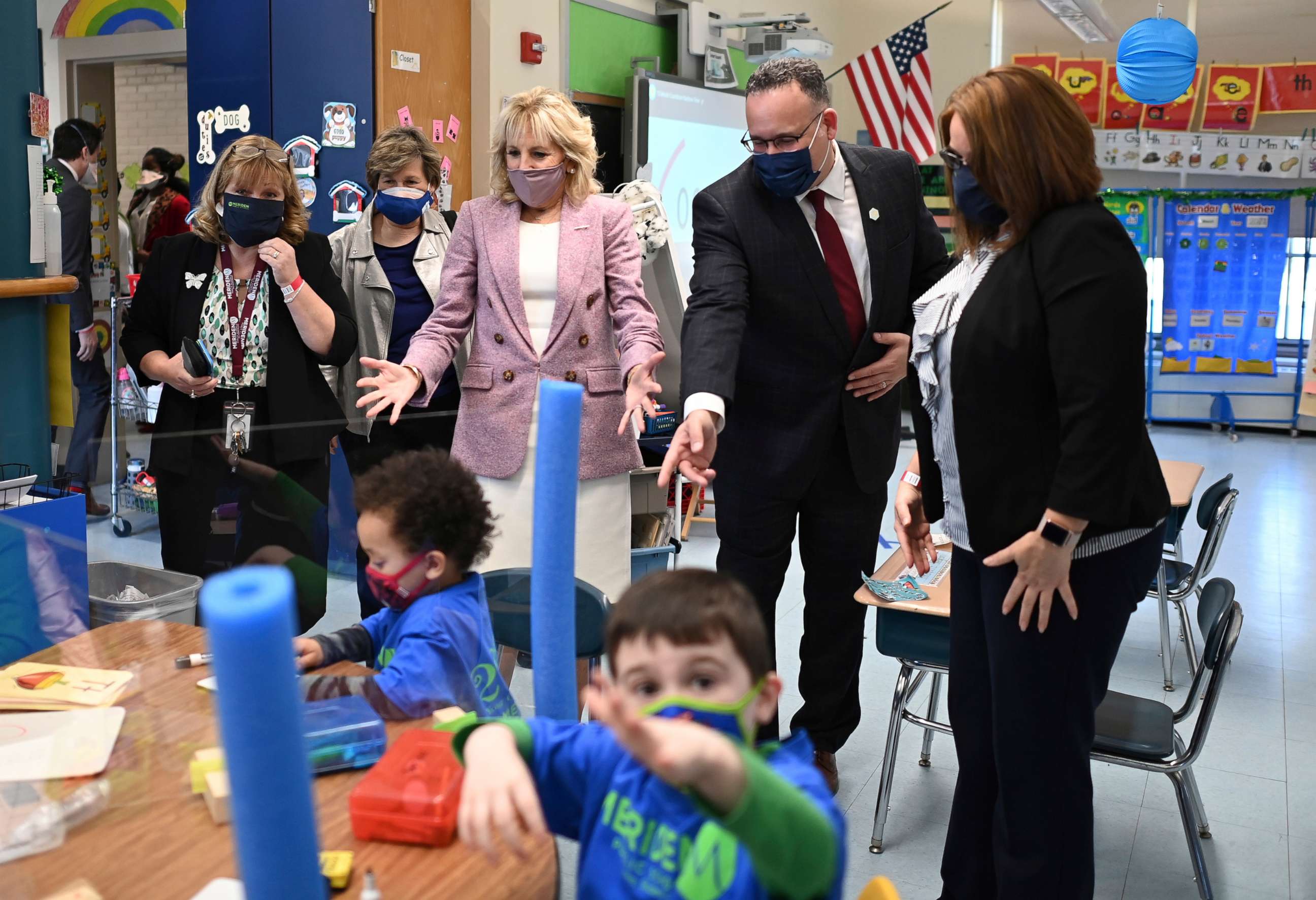 PHOTO: First lady Jill Biden and Education Secretary Miguel Cardona tour Benjamin Franklin Elementary School on March 3, 2021, in Meriden, Conn.
