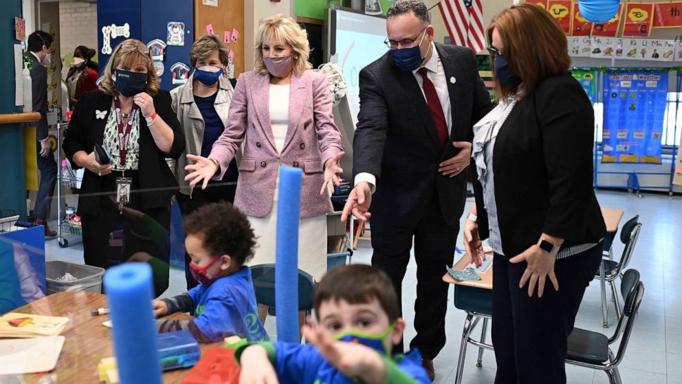 PHOTO: First lady Jill Biden and Education Secretary Miguel Cardona tour Benjamin Franklin Elementary School on March 3, 2021, in Meriden, Conn.