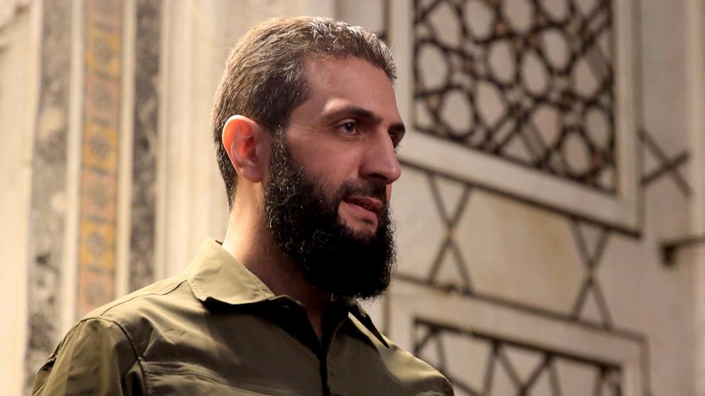 PHOTO: The leader of Syria's Islamist Hayat Tahrir al-Sham group, Abu Mohammed al-Jolani, address a crowd at the Umayyad Mosque in Damascus, Syria, on Dec. 8, 2024.