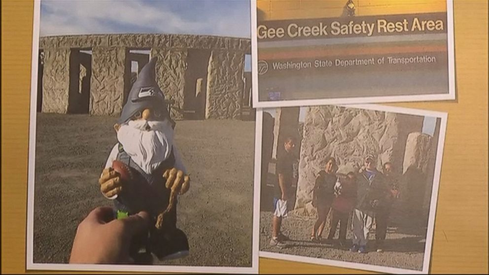 PHOTO: The garden gnome owned by Branden and Dana Smith of Tumwater, Wash. went missing for six months and was returned with a calendar full of photos showing him in various locations.
