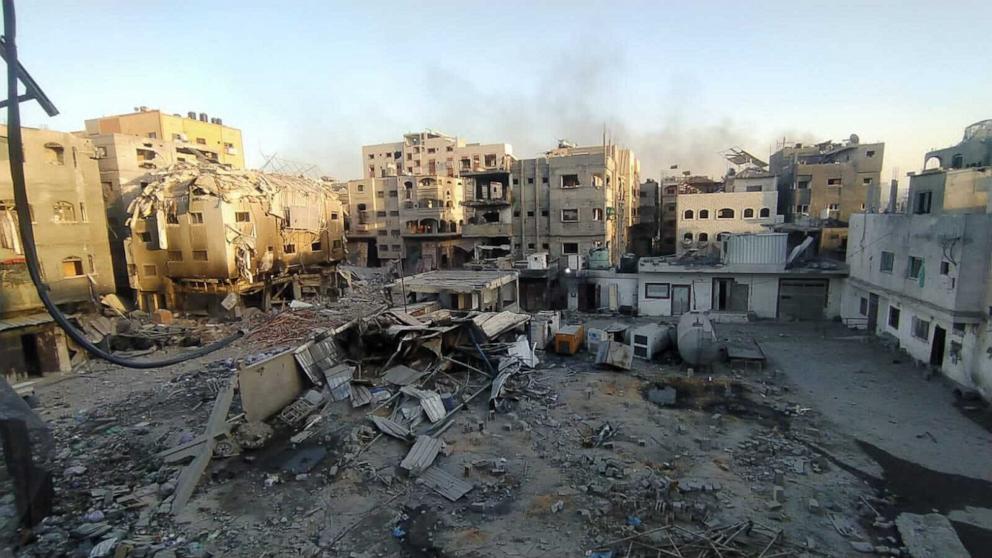 PHOTO: A view of destruction following the Israeli attack on the courtyard of Kamal Adwan Hospital and its surrounding buildings in Beit Lahia, Gaza, Dec. 25, 2024. 