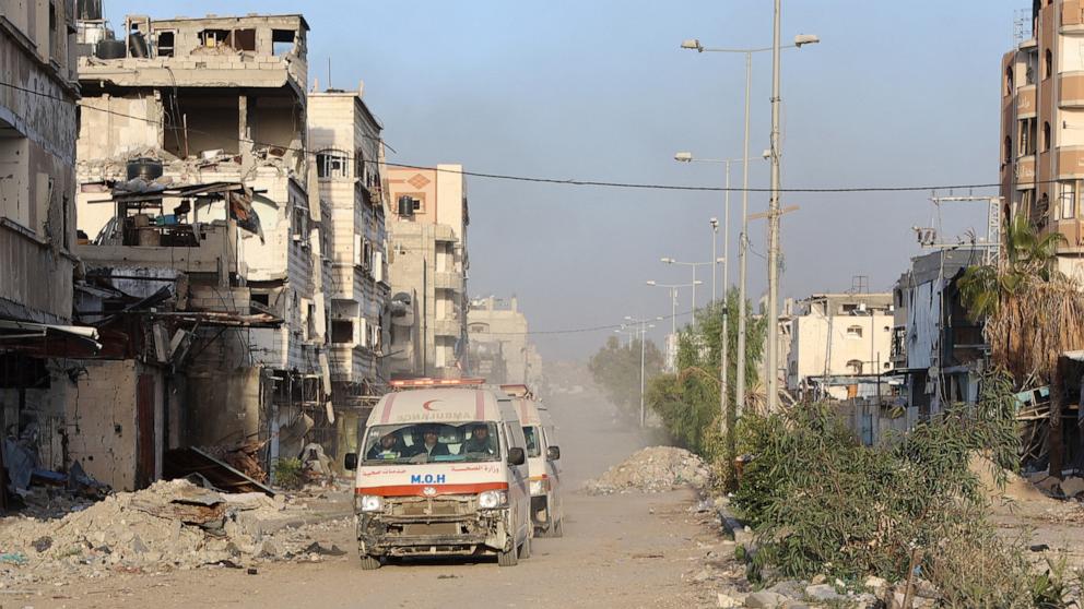 PHOTO: Ambulances transport wounded Palestinians from the Kamal Adwan Hospital to the Al-Shifa hospital in Gaza City, on Dec. 28, 2024.