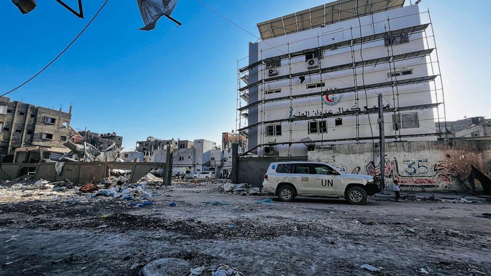 PHOTO: United Nations vehicles are parked at the Kamal Adwan Hospital in Beit Lahia in the northern Gaza Strip on Oct. 28, 2024.