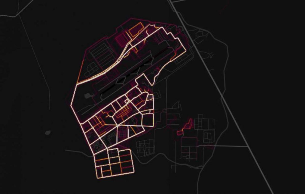 PHOTO: Data released by GPS tracking company Strava in November 2017 shows where the users of fitness devices are around the world, including Kandahar Airfield in Afghanistan, as shown in this screenshot.