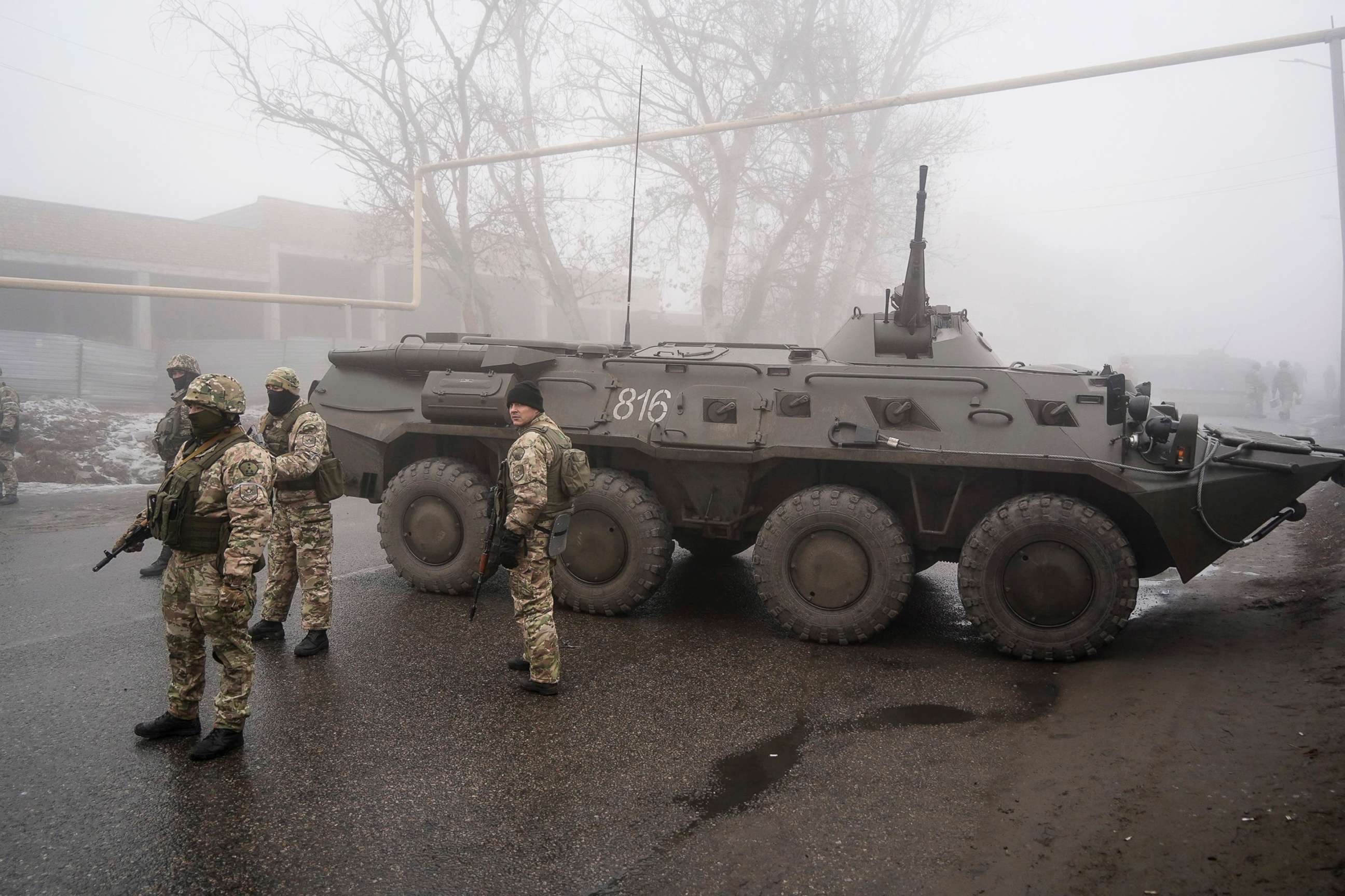 PHOTO: Kazakhstan's soldiers guard a road in Almaty, Kazakhstan, Jan. 8, 2022. The Central Asian nation this week experienced its worst street protests since gaining independence from the Soviet Union three decades ago.