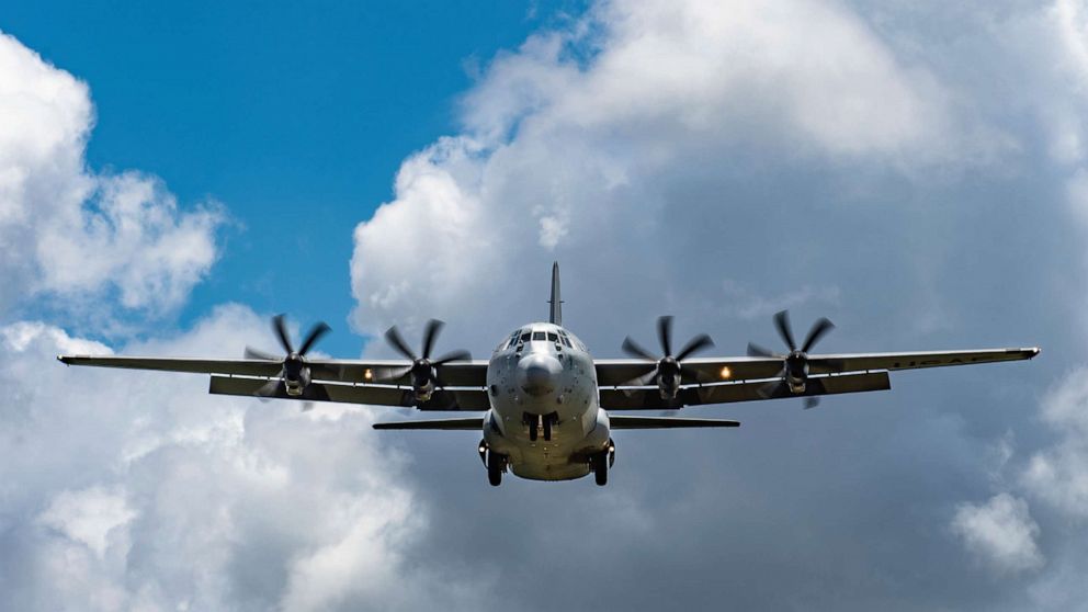 PHOTO: In this photo taken Aug. 26, 2019 and released by the U.S. Air Force, A C-130J Super Hercules approaches for landing at Camp Simba, Manda Bay, Kenya. The al-Shabab extremist group said Sunday, Jan. 5, 2020 that it has attacked the military base.