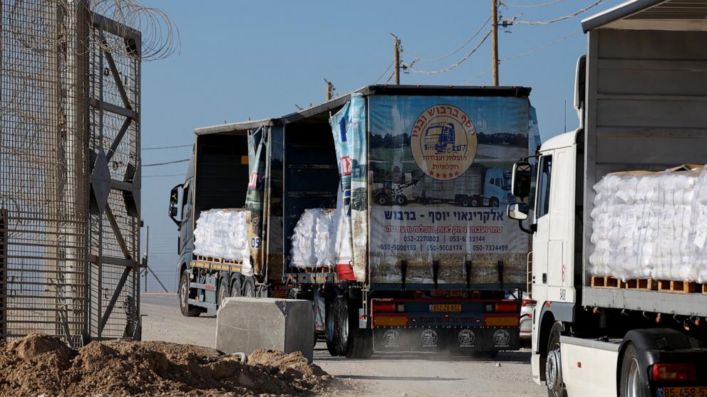 PHOTO: A truck carries humanitarian aid destined for the Gaza Strip through the Kerem Shalom crossing in southern Israel on Nov. 11, 2024.