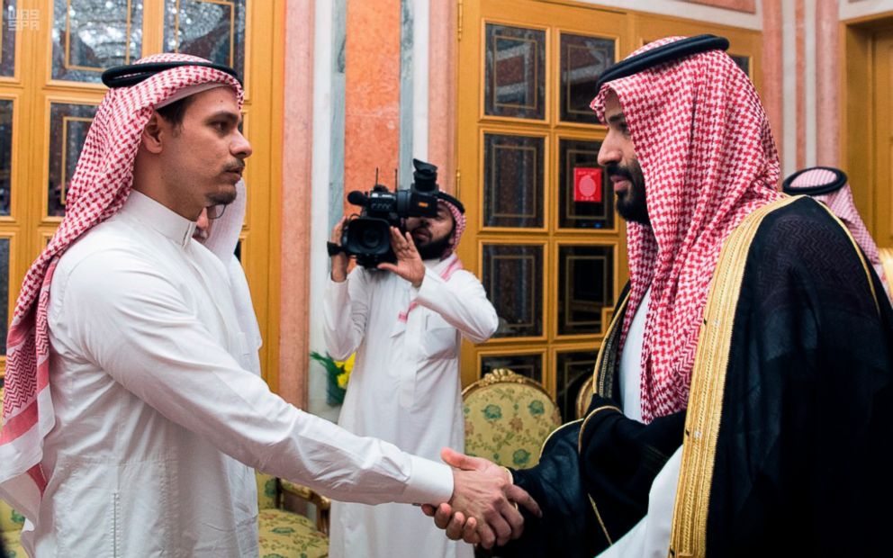 PHOTO: Saudi Crown Prince Mohammed bin Salman, right, shakes hands with Salah Khashoggi, a son, of Jamal Khashoggi, in Riyadh, Saudi Arabia, Oct. 23, 2018. 