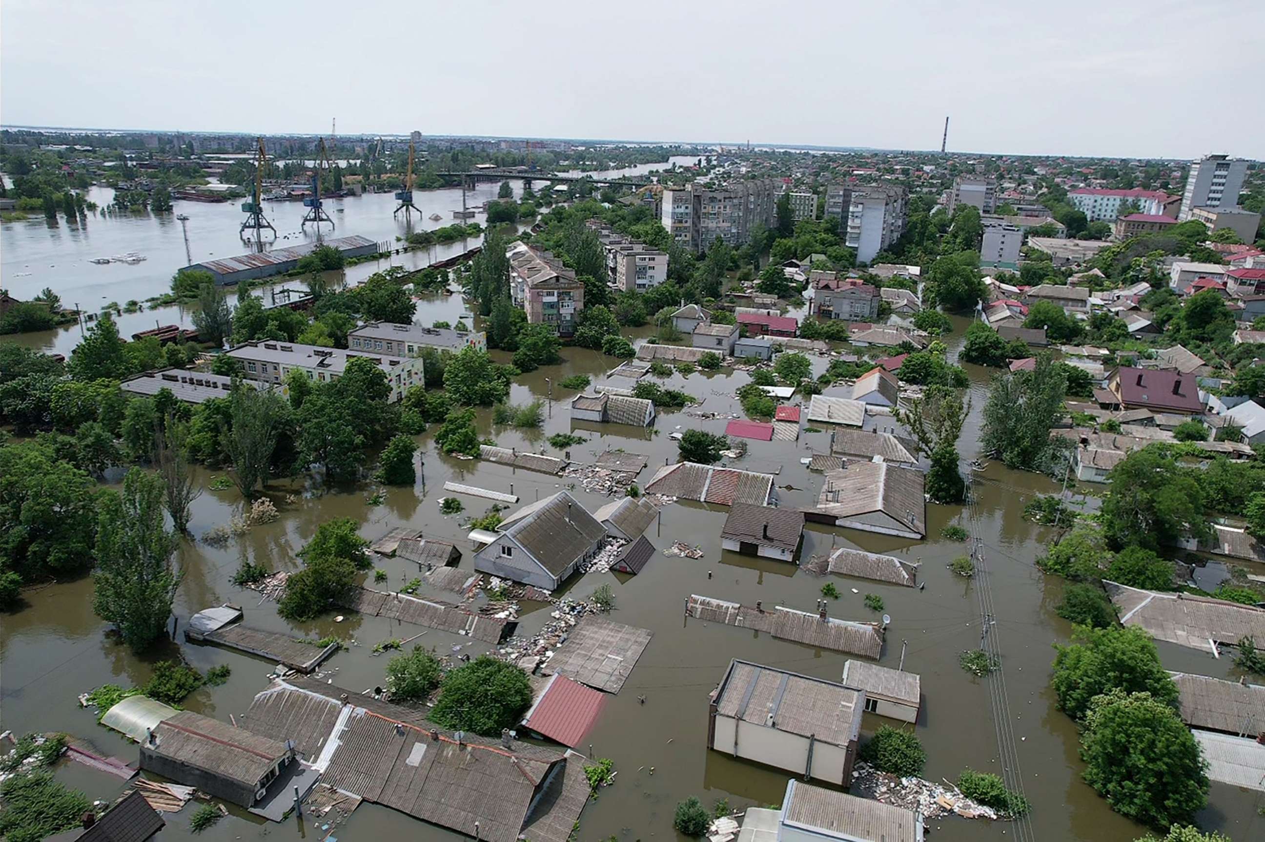 PHOTO: Residential buildings in a flooded area on June 8, 2023 in Kherson, Ukraine.