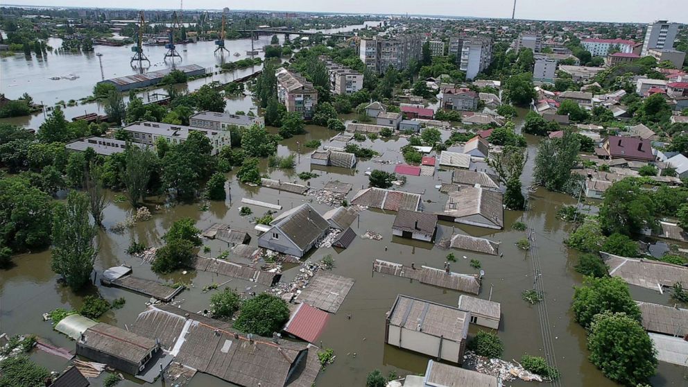 PHOTO: Residential buildings in a flooded area on June 8, 2023 in Kherson, Ukraine.
