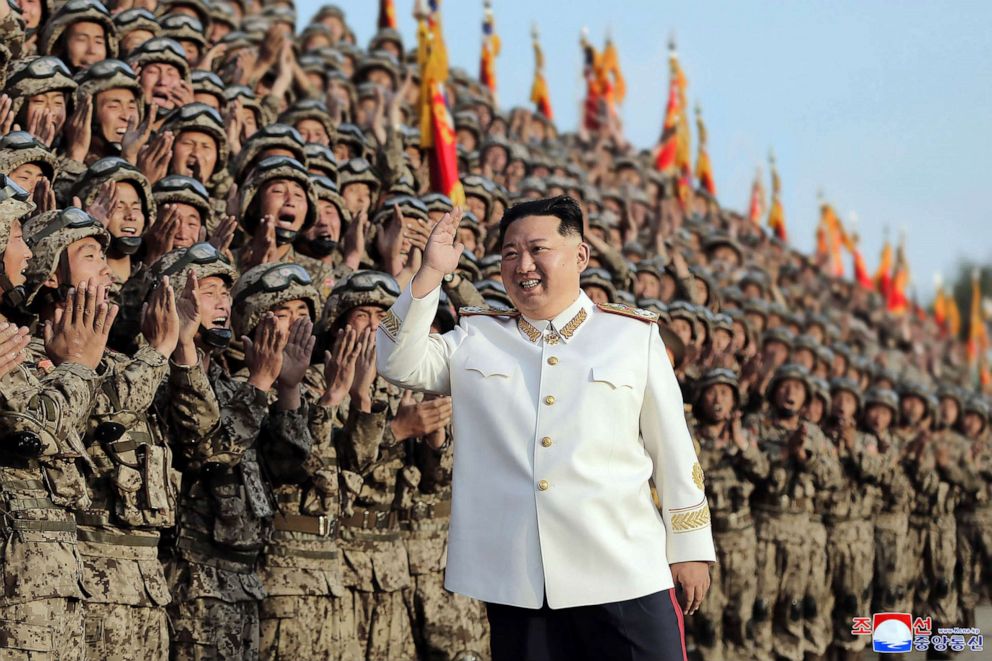 PHOTO: FILE - In this photo provided by the North Korean government, North Korean leader Kim Jong Un acknowledges the soldiers who took part in a celebration the 90th founding anniversary of the Korean People's Revolutionary Army on April 27, 2022. 