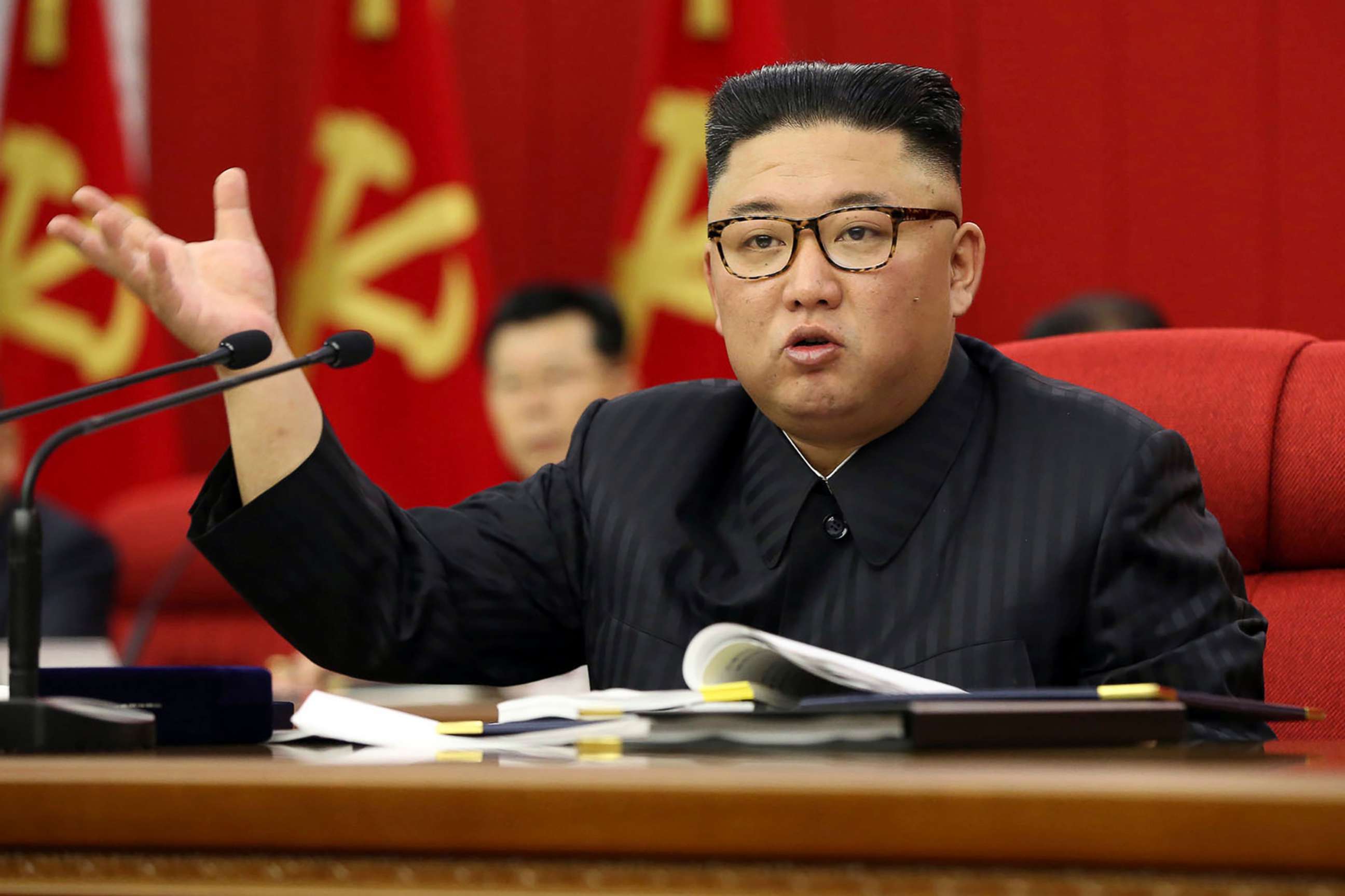 PHOTO: In this photo provided by the North Korean government, North Korean leader Kim Jong Un speaks during a Workers' Party meeting in Pyongyang, North Korea, Tuesday, June 15, 2021. 