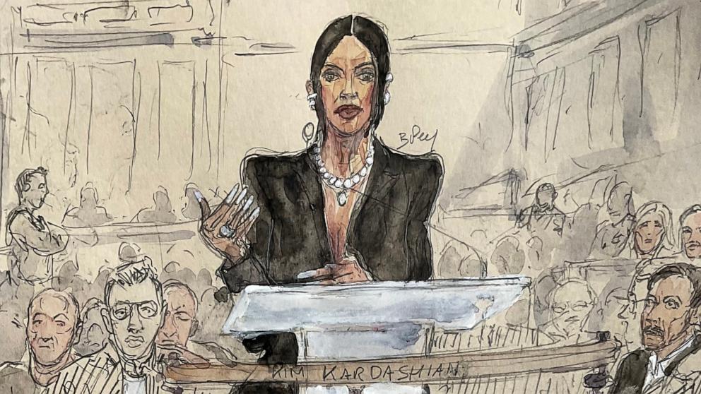 PHOTO: Kim Kardashian testifying before the Assize Court for the trial over the 2016 robbery that saw her relieved of millions of dollars' worth of jewellery at gunpoint, May 13, 2025 in Paris. 