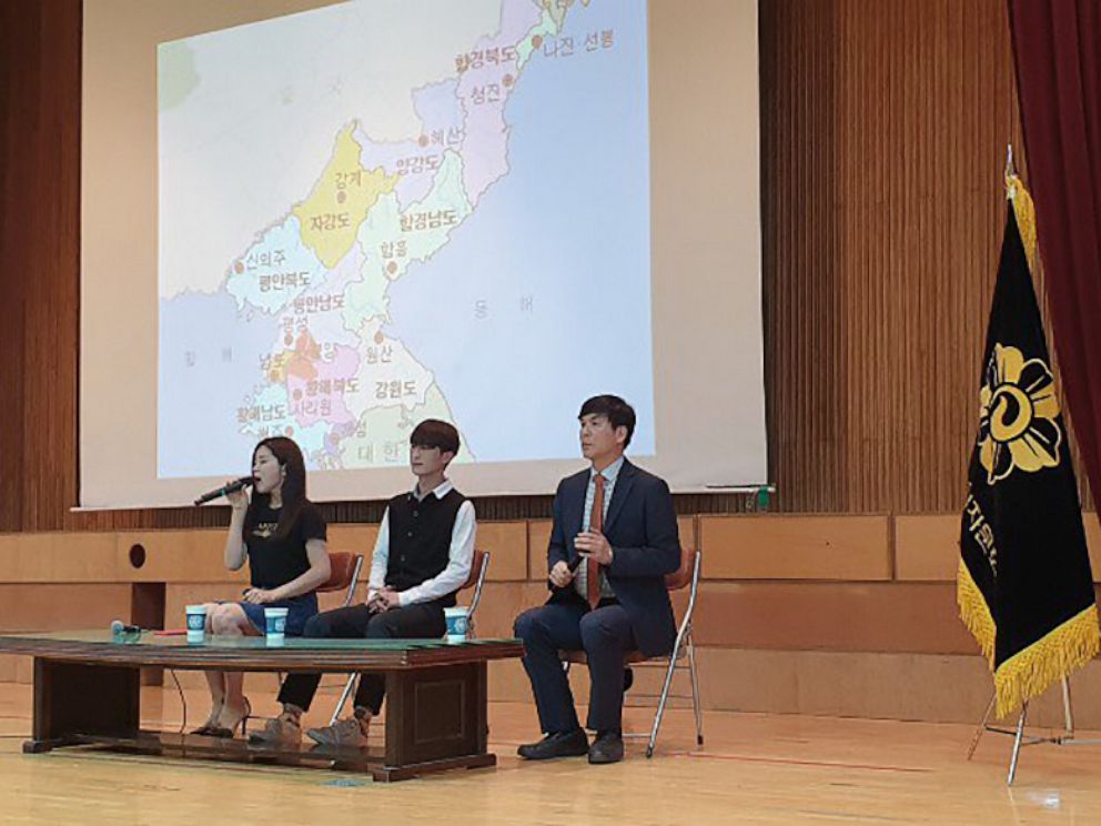 PHOTO: Kim Kangyoo, center, is a sophomore at the Seoul-based Sogang University. Kim defected to South Korea through the demilitarized zone in 2016 and gives lectures on the experience of defection to students and military men.