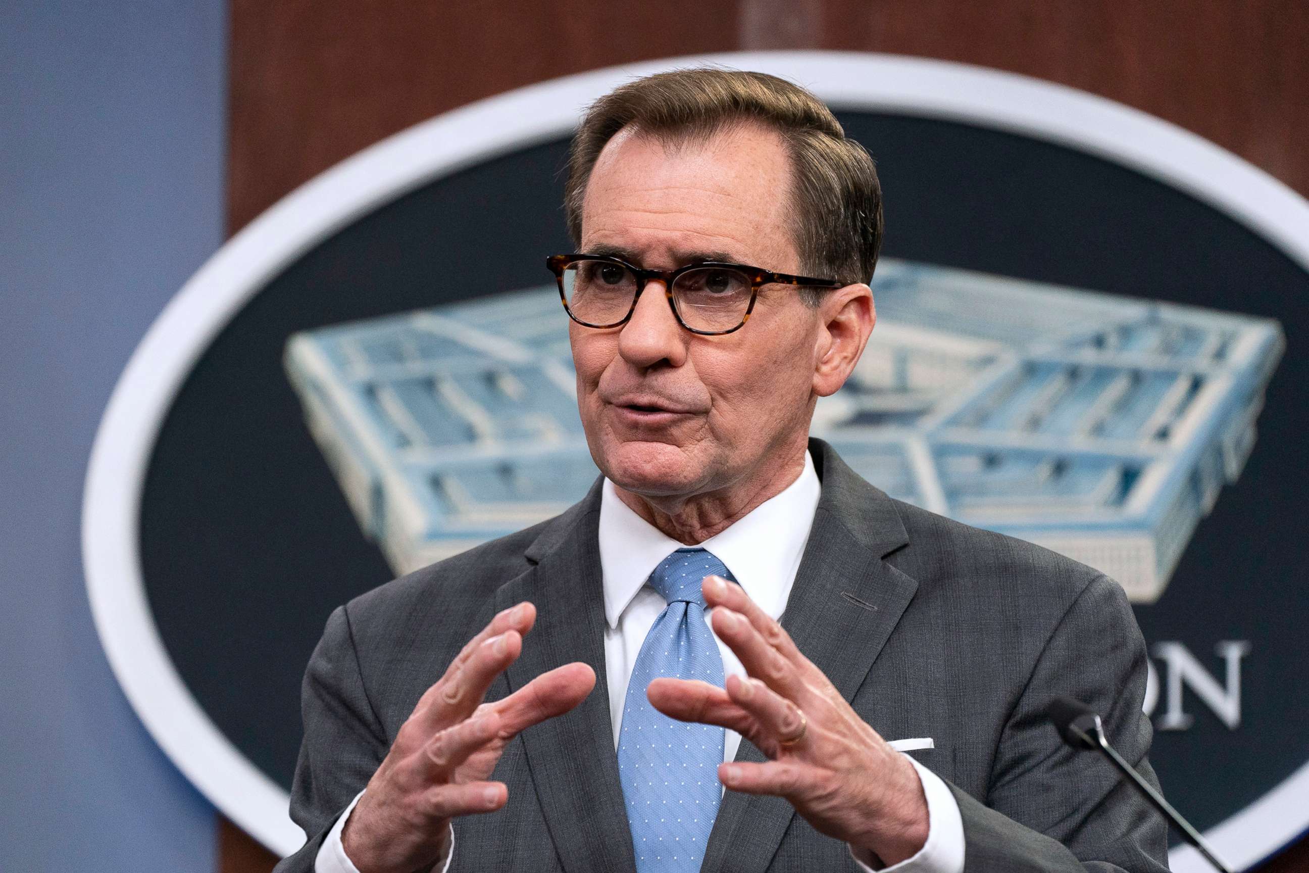 PHOTO: Pentagon spokesman John Kirby speaks during a briefing at the Pentagon in Washington, D.C., May 5, 2022. 