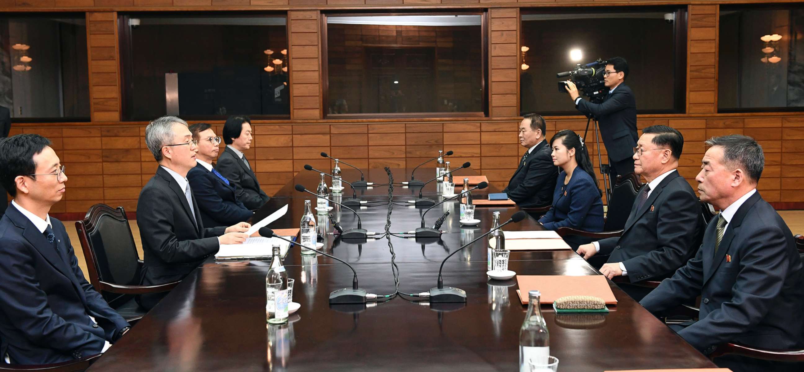 PHOTO: The head of South Korean delegation Lee Woo-sung, second left, and the head of North Korean delegation Kwon Hyok Bong, second right, attend a meeting at the North side of Panmunjom in North Korea, Jan. 15, 2018. 